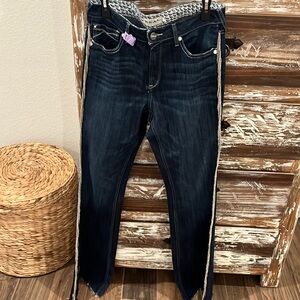 NWOT, women’s Ariat 30 XL, (37 in inseam)dark denim, rhinestone fringe jeans
